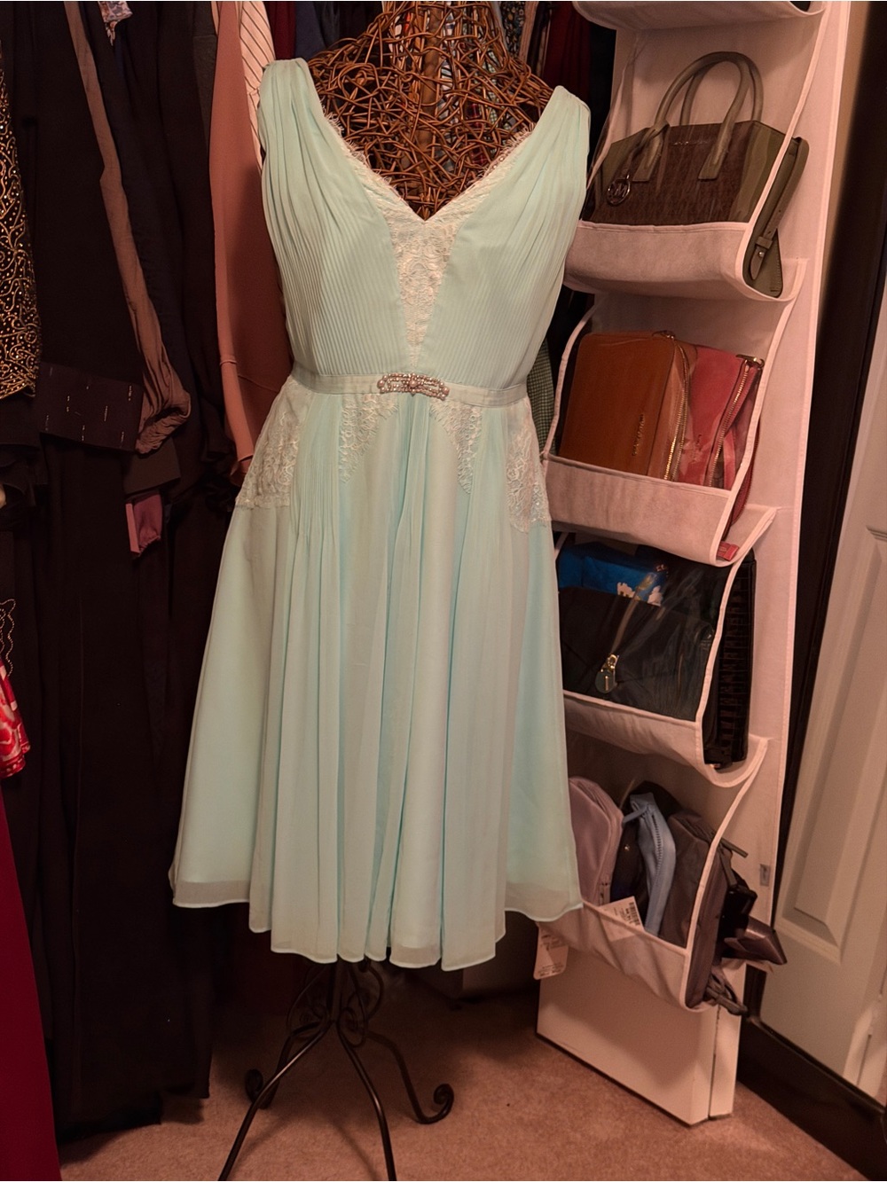Monsoon Pale Mint V‑Neck Sleeveless Midi Dress with Lace Trim